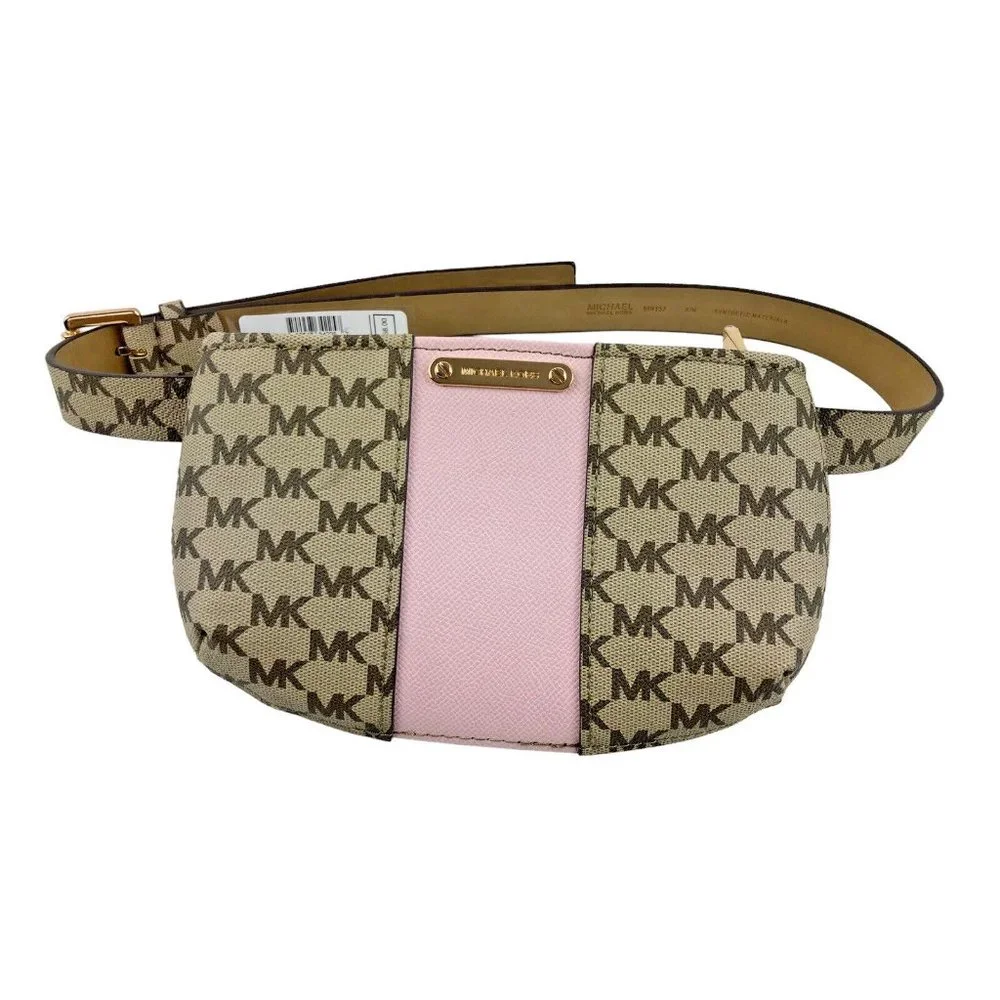 *New Michael Kors Brown Pink Print Waist Bag Fanny Pack Small Synthetic Buckle